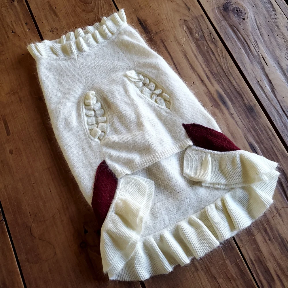 Frou Frou Holiday Dog Outfit Cream and Red Sweater with Ruffle trim